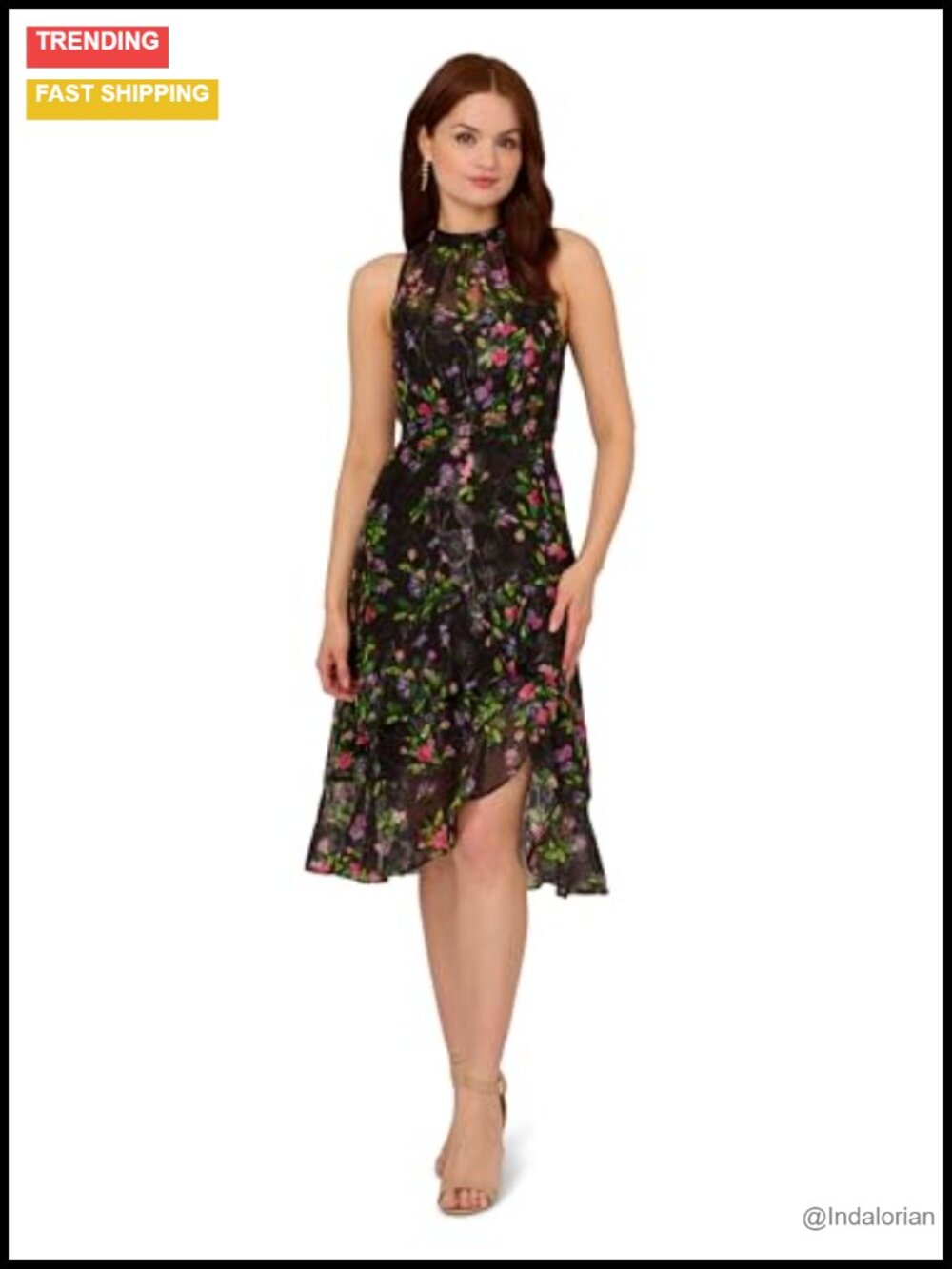 Floral Chiffon Halter Midi Dress Embroidered Lace Fit & Flare Cocktail Wedding